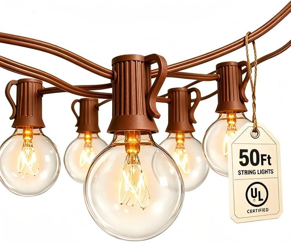 Abeja 50Ft Outdoor Patio String Lights with 53 Clear Globe G40 Bulbs,UL Certified for Patio Porch Backyard Deck Bistro Gazebos Pergolas Balcony Wedding Gathering Parties Markets Decor, Brown Wire