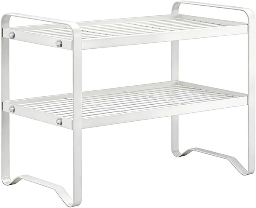 Metal Wire Cabinet Shelf - Multi-Functional Storage Solution for Kitchen, Pantry, Countertop & Under Cabinet - Spice Holder, Bookshelf & Cup Display Stand - White, 2-Tier 16" L