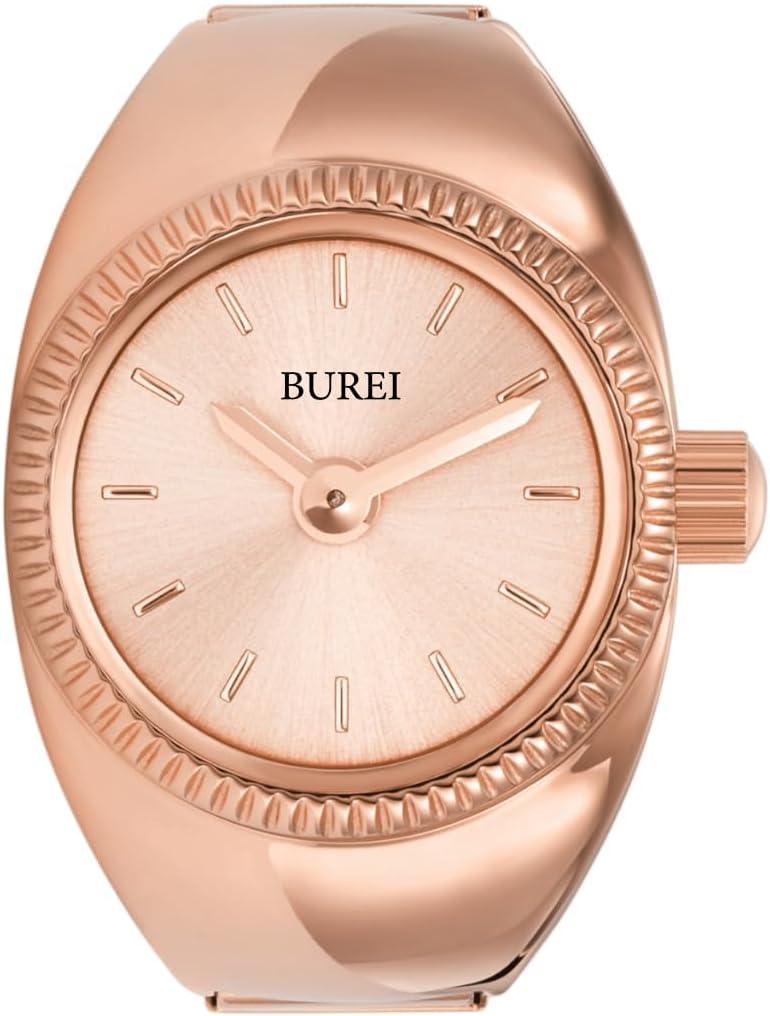 BUREI Women's Quartz Stainless Steel Two-Hand Ring Watch, Men Women Finger Watch with Elastic Strap