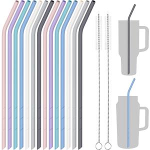 NiHome 14PCS Silicone Straws for Stanley 40oz 30oz Tumbler, 14 Extra Long Reusable Drinking Straw, Flexible Can Cut Length for 1/Half Gallon 75 64 OZ Large Water Bottle - 2 Cleaning Brushes (Macaron)