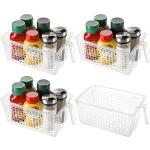 Hedume 4 Pack Plastic Storage Bins with Handle, BPA-Free Kitchen Pantry Cabinet Refrigerator Food Storage Organizer for Snacks, Food, Produce, Pasta