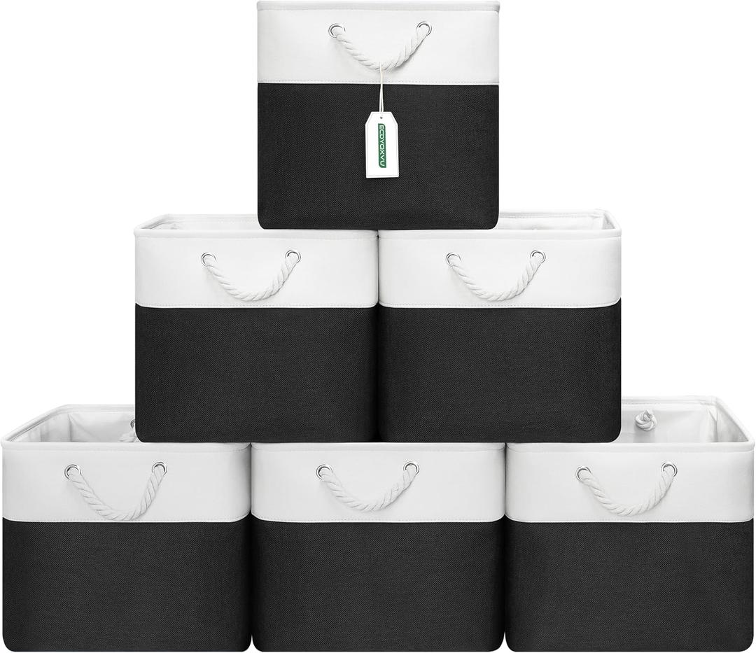 13x13 Inch Cube Storage Bins with Reinforced Bottom Cardboard, 6 Pack Large Foldable Fabric Storage Cubes with Handles for Shelf, Closet, Laundry Organization (White&Black)