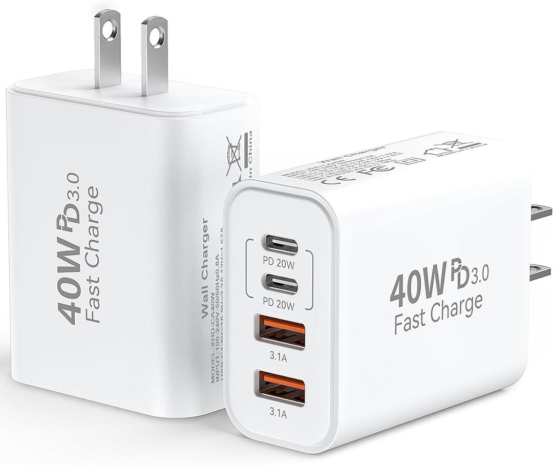 USB C Wall Fast Charger Block, 40W 4-Port Type C Charger Fast Charging Blocks PD Power Charger Adapter+QC 3.0 USB Multiport Charger Brick for iPhone 16/15/14/13/12 Pro Max, iPad, Galaxy S24/23-2Pack (White)