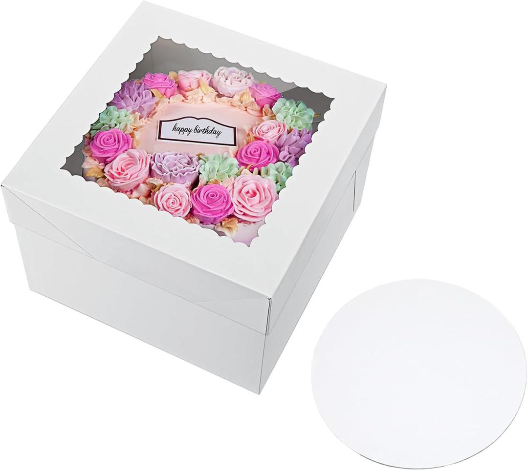 Goxeon 5 Pack Bakery Cake Box with Cake Boards, 8''x8''x8'' White Cake Boxes Large Baking Boxes Square Cardboard Cake Box with Window, for Cakes, Pastries, Cookies, Pie, Treats