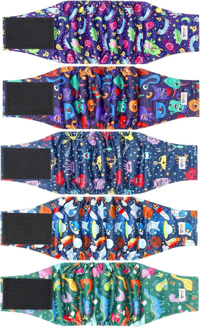 5 Pack Dog Diapers Male Reusable, Premium Belly Bands for Dogs, High Absorbing Male Dog Pee Wraps for Doggie in Incontinence or Excitable Urination and Training Cartoon M