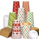 Dingion 30 Sets Christmas Disposable Coffee Cups with Lids and Sleeves 16 oz Xmas Paper Cups Holiday Hot Cocoa Chocolate Bar Supplies for Christmas Holiday Winter Party