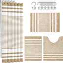 Britimes Beige Bathroom Sets with Shower Curtain and Rugs, Modern Striped Minimalist Style Waterproof Shower Curtain Liner and Soft Non Slip Bath Mat for Bathroom Decor and Accessories Hooks