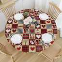 Valentines Day Round Tablecloth Fitted Best for 40"-44" Red Plaid Table Cloth Elastic Edge Water-Resistant Washable Love Heart Decoration Table Cover for Party Picnic Indoor Decor