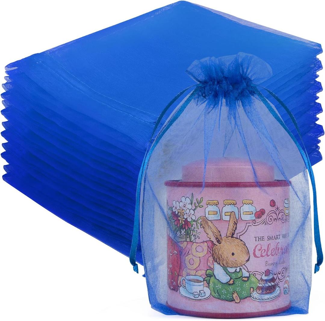 Crweety 50 Pcs Organza Bags 5x7, Royal Blue Small Mesh Gift Bags Drawstring | Use for Jewelry Candy Soap Treat Sachet, Sheer Party Favor Goodie Pouches, for Wedding Baby Bridal Shower Birthday Halloween, 1 Count