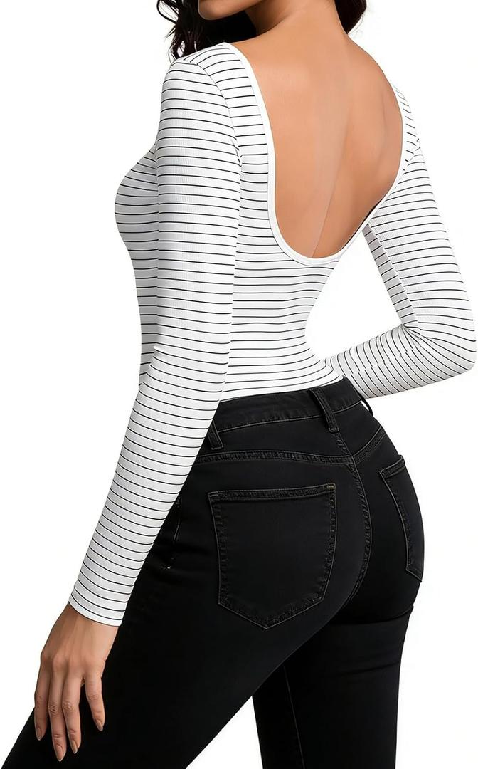 Long Sleeve Backless Black Bodysuit Stripe Tops Shirts Open Back Slim Fit Croop Neck Going Out Sexy Basic Tops White, X-Large