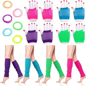 SATINIOR 40 Pieces 80s Neon Costume Accessories for Women 8 Pcs 80s Leg Warmers for Women 24 Neon Jelly Bracelets 8 Fingerless Fishnet Gloves for Back to School Party Dance Sports