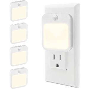 Plug-in Night Light with Motion Sensor, Dusk-to-Dawn Light Sensor, Stepless Dimming LED Night Lights for Bedroom, Hallway, Bathroom, Kids Room, Energy Efficient, 4-Pack