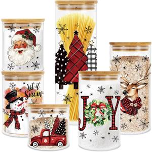 Whaline 6Pcs Christmas Glass Storage Jar with Airtight Lid Red Black Plaid Xmas Tree Santa Snowman Reindeer Decorative Canisters Sets for Home Kitchen Countertop