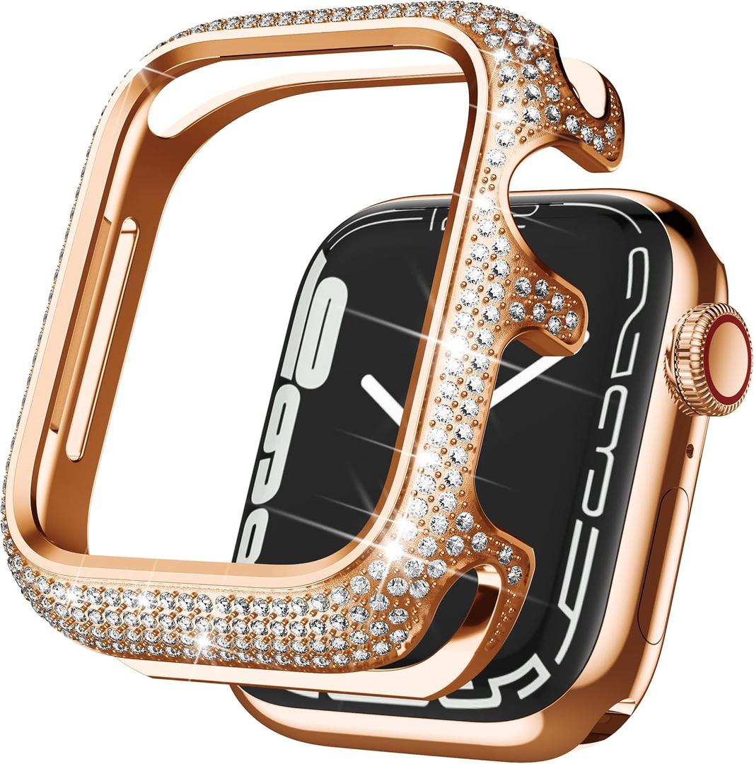 Bling Cases Compatible with Apple Watch 45mm Series 7/Series 8, Stainless Metal Protective Case with Sparkling Rhinestones Diamond Bezel Cover Case for Women Girl, Rose Gold