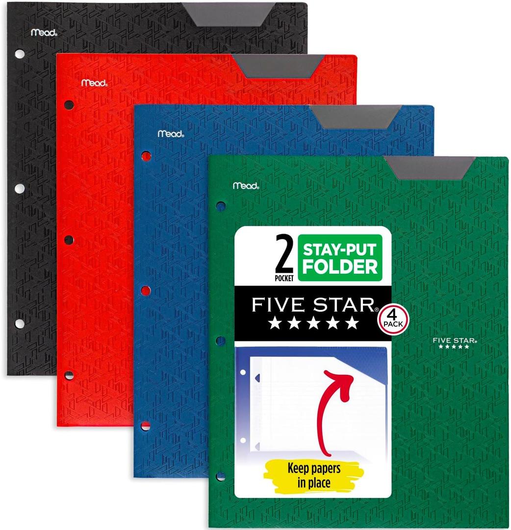 Five Star 2-Pocket Folder, 4 Pack, Plastic Folder with Stay-Put Tabs and Prong Fasteners, Fits 3-Ring Binder, Holds 8-1/2" x 11 Paper, Black, Fire Red, Forest Green, Pacific Blue (38049)