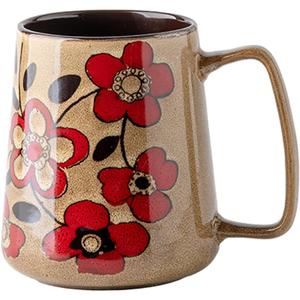 Large 24 oz Ceramic Coffee Mug with Handle, Vintage Floral Coffee Cup, Extra Big Tea Cup for Office and Home, Dishwasher and Microwave Safe, Khaki with Red Flower