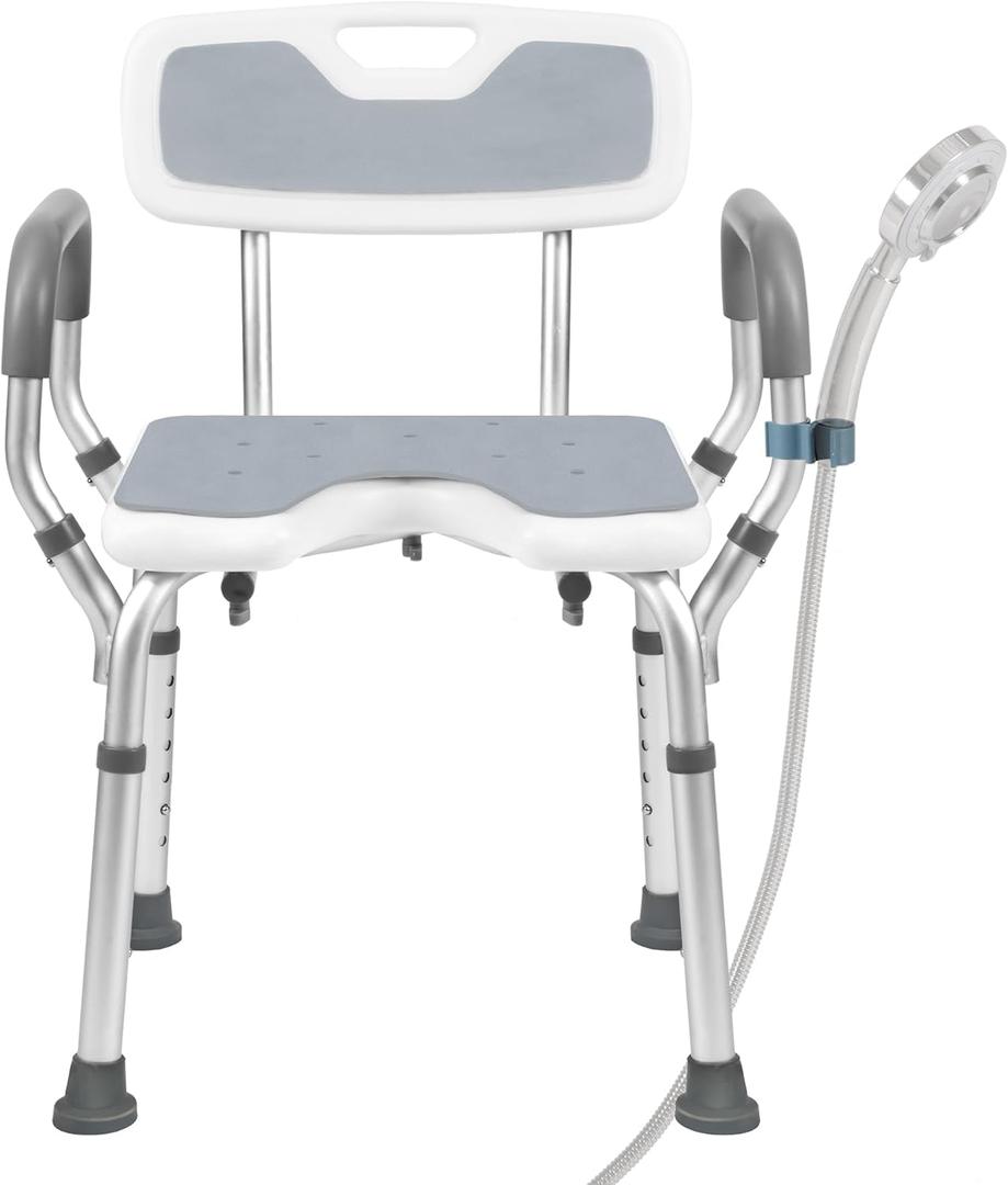 Shower Chair with Arms and Back Heavy Duty 330lbs, Shower Seat for Inside Shower with Shower Head Holder, Shower Bathroom Chair with Cutout Seat & Cold-Proof Pads, Tools-Free Assembly