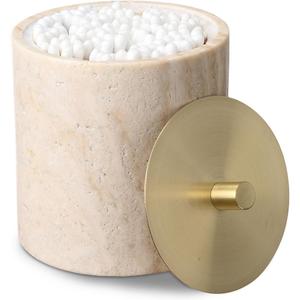 Nartural Marble Qtip Holder with Brass Lid, Beige Travertine Cotton Swab Jar, Modern Round Canister, Small Apothecary Storage Jars for Bathroom, Bedroom, Vanity, Kitchen Cabinet