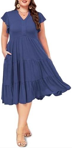 Moon Wood Womens Plus Size V Neck Ruffle Midi Dress 2025 Summer Casual Flowy Tiered Dresses with Pockets 3XL