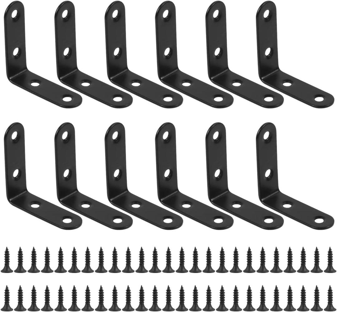 CABAX 12 Pcs Black L Bracket, 50mmx50mmx16mm Stainless Steel Heavy Duty Corner Brace Joint Fastener, 90 Degree Shaped Shelf Bracket with Screws for Wood, Shelves, Furniture, Cabinet