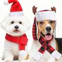 Shihanee 4 Pcs Santa Cap for Dog Christmas Scarf Set for Medium Large Dogs Santa Costume Adjustable Reindeer Antler Buffalo Check Hat with Scarf Winter Holiday Pet Christmas Costume Outfits