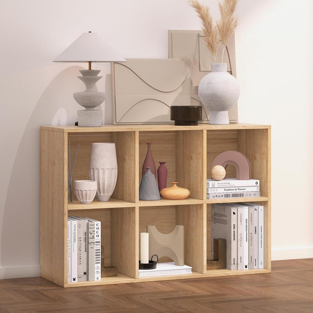 Wooden 6 Cube Storage Organizer with Closed Back Panel,Oak Cube Shelf Heavy Duty Cubby Storage Organizer with Compartments for Living,Display Shelf,Bookshelf