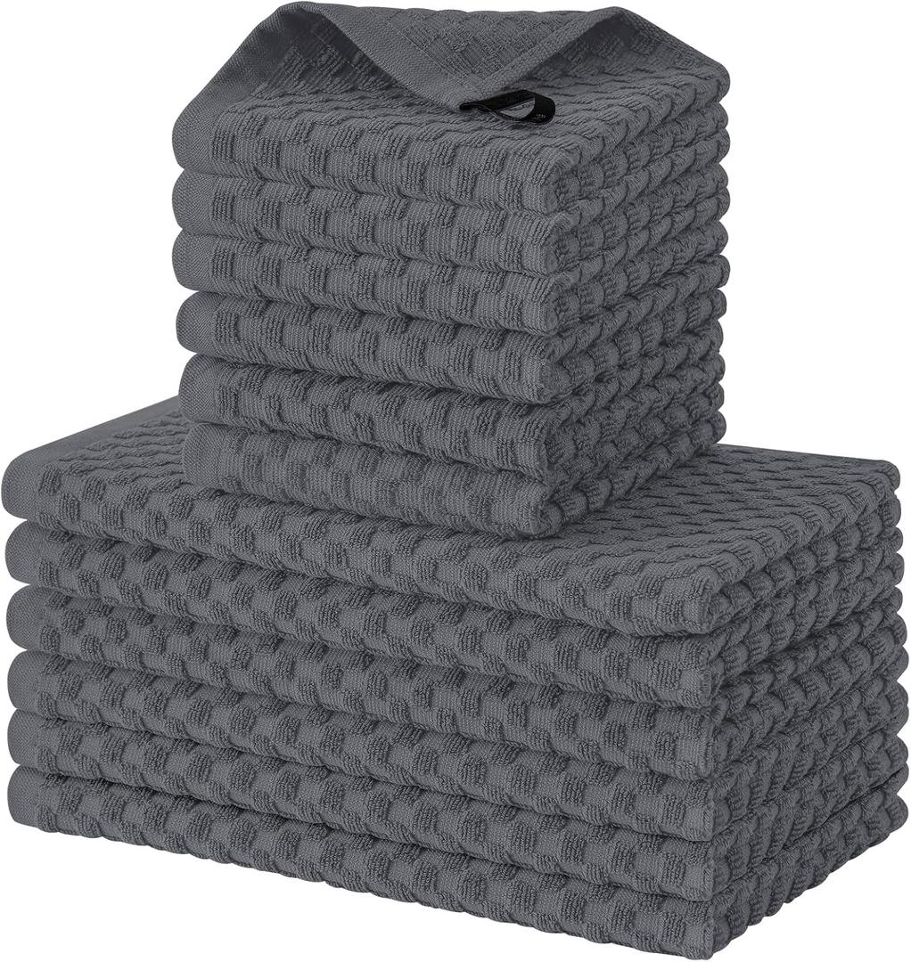 Fintale 100% Cotton Kitchen Towels and Dishcloths Set, 12 x 12 & 15 x 25 Inches, Set of 8 Bulk Super Soft and Absorbent Terry Cloth Dish Towels, Quick Drying Hand Towels with Hanging Loop, Dark Grey