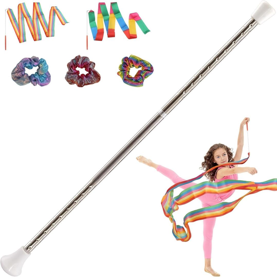 Dance Baton,Batons for Twirling 22 inches Stainless Steel Material Gymnastics Wand and 3 Rainbow Hair Bands Suitable for Beginners Silver and Pink (20, White)