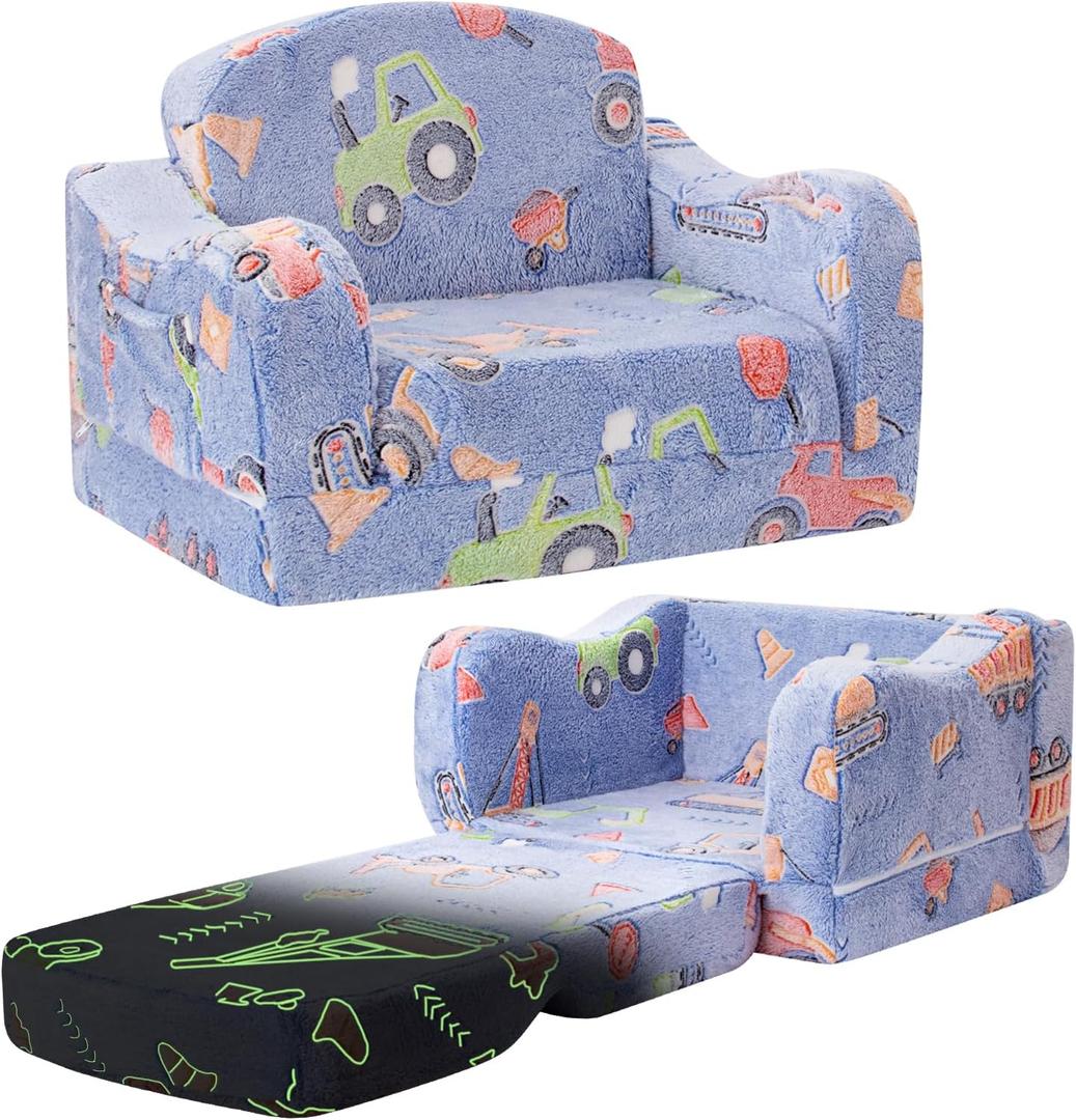Thick Comfy Toddler Chair and Couch for Kids,2-in-1 Soft Plush Fold Out Sofa for Children,Convertible Couch to Lounger for Toddler, Car Excavator