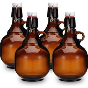 Dandat 4 Pcs Growlers for Beer Amber Glass Bottles Beer Bottles Glass Jar with Lid liquid Jugs Soda Cider Alcohol Liquor Home Brewing Fermenting(34 oz)