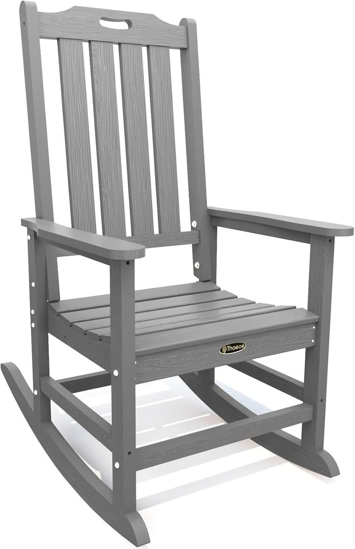 THOEOE Oversized Rocking Chair, Outdoor Rocking Chair for Adults, All Weather Resistant Porch Rocker for Lawn Garden, Grey
