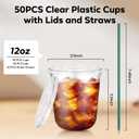 50PCS 12 oz Clear Plastic Cups with Lids and Dark Green Straws, Round Bottom Disposable To Go iced Coffee Cups, Small Bubble Tea Smoothie Cups for Drink Shops, Picnic, Takeout, Party, Office