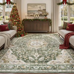 PADOOR-Vintage Area Rug 8X10 Rugs for Living Room-Soft Olive Green Rugs for Bedroom-Machine Washable Rug Non Slip Carpet-Rug for Dining Room Living Room Bedside Office