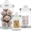 Mini Glass Apothecary Jars, Bathroom Storage Organizer Canisters for Cotton Swabs, Cotton Balls, Makeup Sponges, Bath Salts, Hair Ties, Makeup - Set of 3