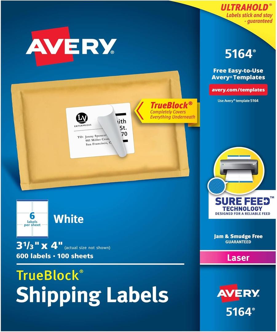Avery White Shipping Labels for Laser Printers with TrueBlock Technology 3 1/3 Inch x 4 Inch, Box of 600 (5164)