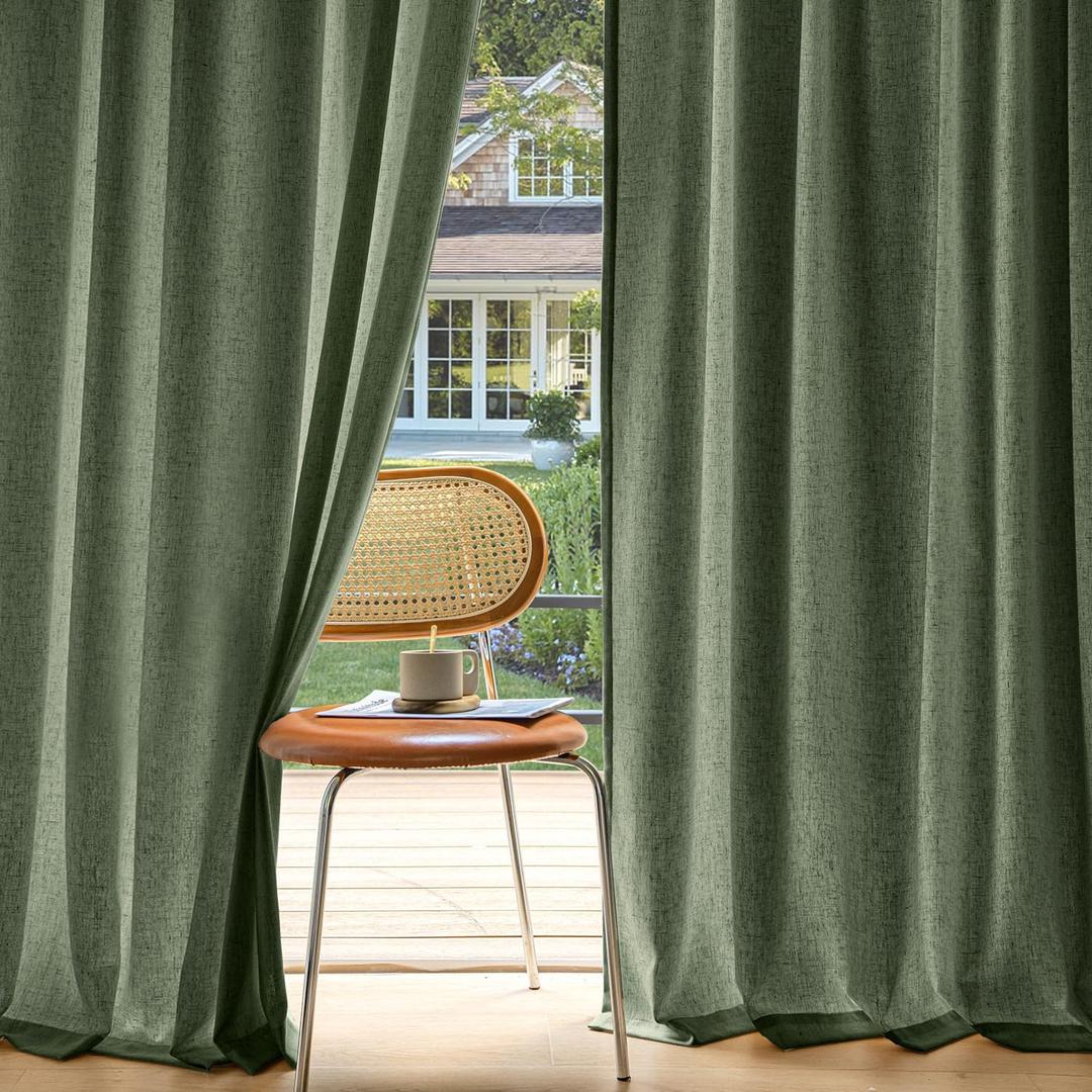 MIULEE Non-See-Through Privacy Linen Curtains 2 Panels, Olive Green Light Filtering Window Curtains Farmhouse Textured Back Tab Semi Sheer Drapes for Bedroom Living Room 90 Inches Long Dark Green