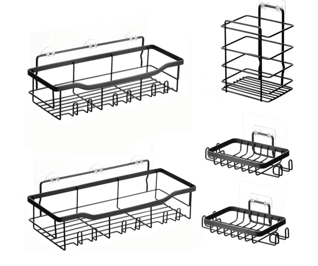 VEVOR Shower Caddy, 5 Pack Adhesive Bathroom Shower Storage Organization Shelves Rack Set, 40 lbs Large Weight Capacity, with Soap and Toothbrush Holder, No Drilling for Bathroom, Kitchen, RV/Camper