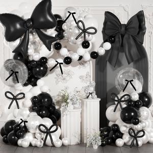 Black and White Balloons Arch Kit,JOGAMS 187Pcs White Black Bow Birthday Party Decorations with Bow Double Stuffed Pearl White Balloons Ribbon Pearl Stickers for Birthday Bachelor Bridal Baby Shower