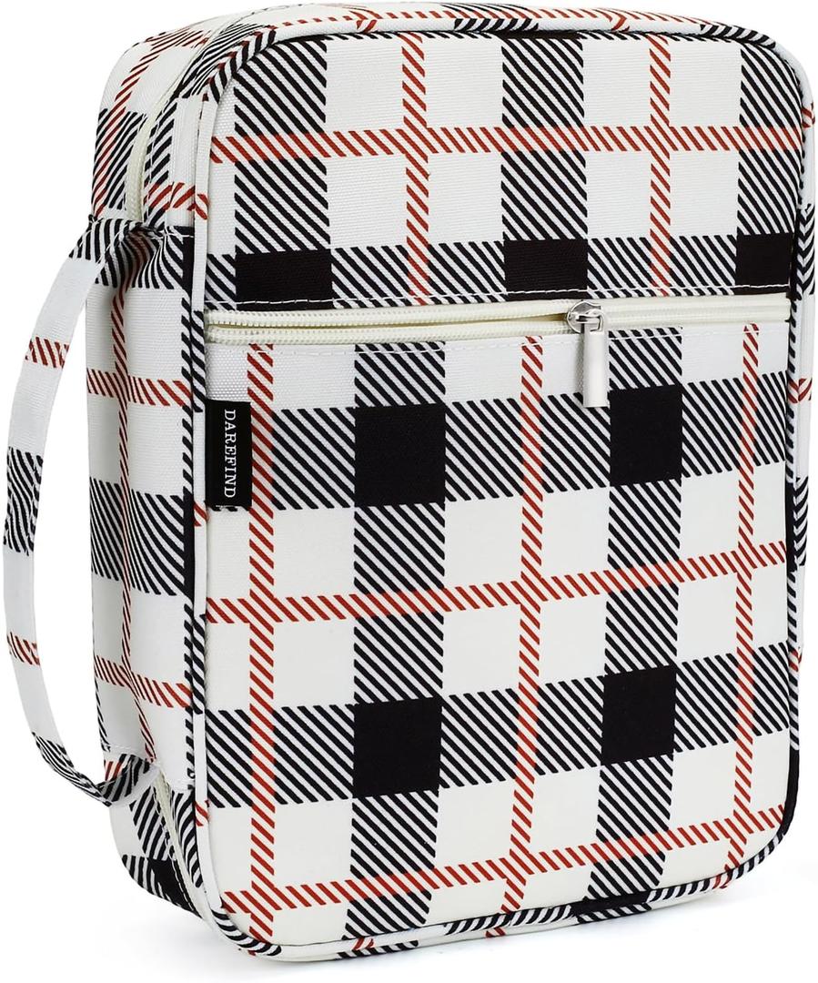 Western Plaid Zippered Bible Cover for Large Study Bibles - Fits up to 10 x 7 x 2 Inch Bibles, Vintage Beige Canvas Bible Case with Handle, Extra Deep Checkered Organizer for Men & Women
