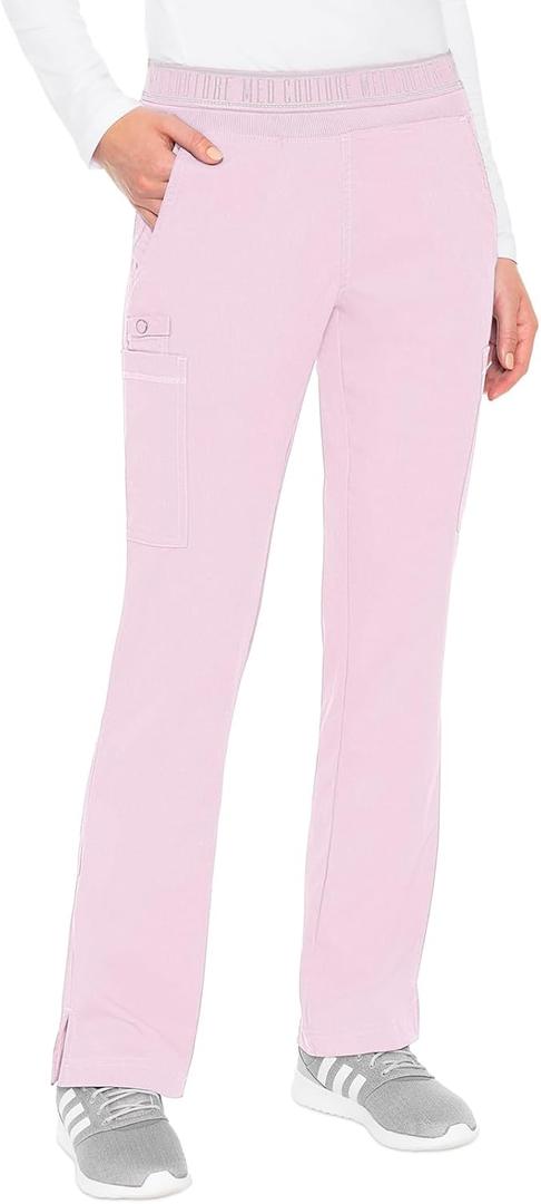 Med Couture Women's Yoga Pull-On Pant with 7 Pockets Ultra-Soft Rib-Knit Waistband and 2-Way Stretch Technology - MC7739 (X-Small Petite, Ice Pink)