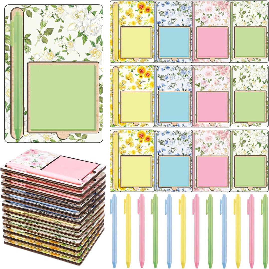 36 Pcs Flowers Wooden Sticky Note Holder Set Gifts for Mother Day Teacher Appreciation Gifts with Notes and Ballpoint Pens Floral Sticky Notes Notepad Holder Thank You for Coworker Employee