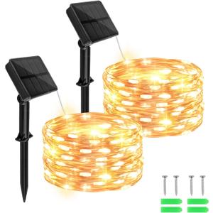 Cshare Solar Fairy Lights Outdoor Waterproof,16.4ft 50LED Solar String Lights for Outside 8 Modes 2 Packs for Christmas Halloween Holiday Patio Backyard Garden Deorations Warm White