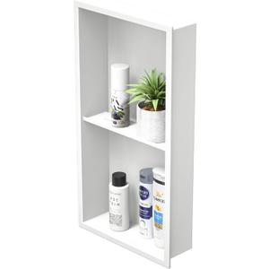 Stainless Steel Shower Niche 24" X 12" Matte White No Tile Needed Vertical Niche Shower with Two- Tier Shelves Recessed Wall Niches for Bathroom Storage Over Mount Installation