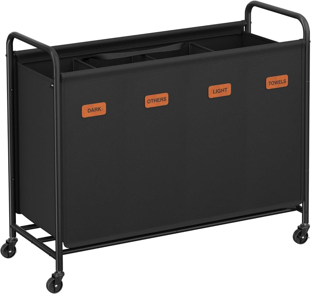 SONGMICS 4 Section Laundry Sorter, Laundry Hamper with Wheels, Rolling Clothes Hamper Cart with Large Capacity and Removable Bags, for Laundry Room, Bedroom, Bathroom, Ink Black