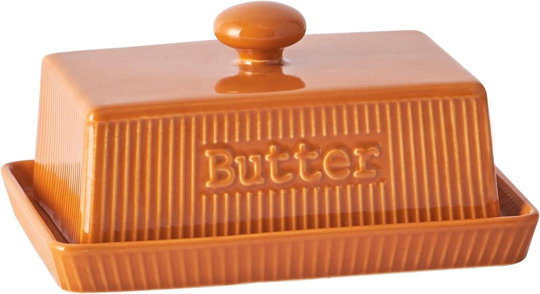 Ceramic Butter Dish with Lid, Large Butter Container for East & West Coast Butter Storage, Porcelain Butter Holder with Knob Handle, Striped Butter Keeper Butter Tray, Farmhouse Kitchen Decor, Orange