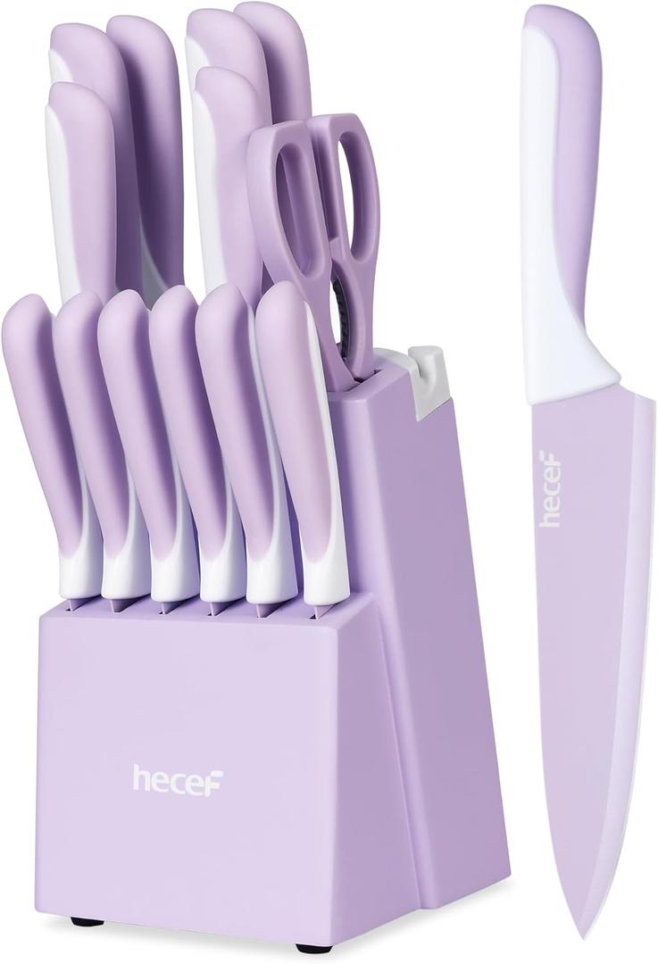 hecef 15 Pieces Kitchen Knife Set with Built-in Sharpening Wooden Block, Dishwasher Safe, High Carbon Stainless Steel Knife Block Set with Steak Knives, Kitchen Scissors, Purple