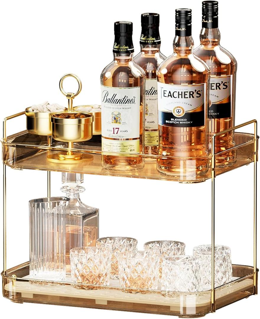 Whiskey Tray, Glass Cup Rack, Mug Holder, Coffee Cup Organizer, Bathroom Countertop Organizer With Drain Board, Wine Glass Decorative Holder, Food Tray, Kitchen Spice Rack (Amber-2)