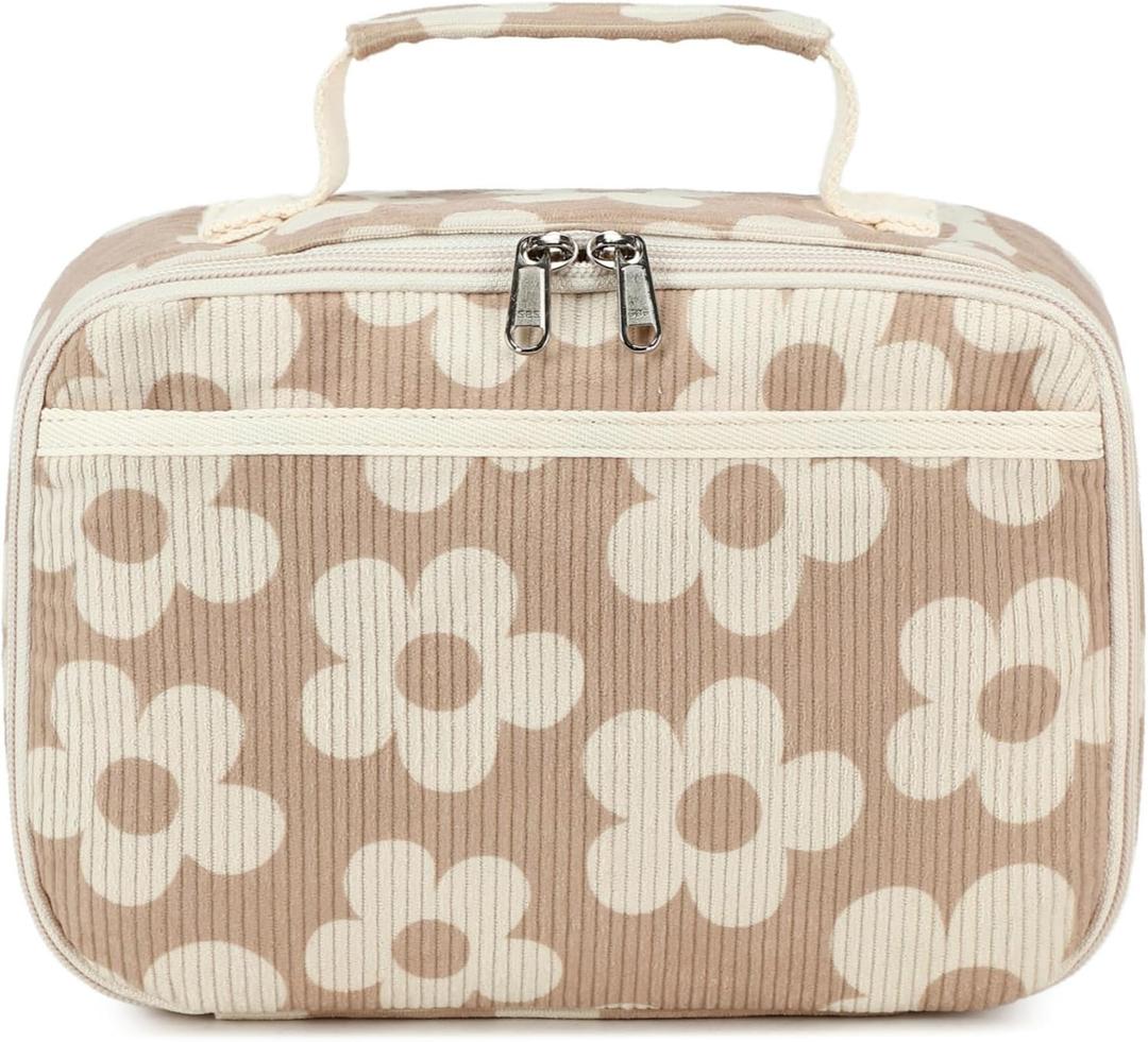 Bluboon Kids Girls Lunch Bag Insulated Lunch Box for school Corduroy Lunch Cooler Organizer School Kids Lunch Tote, Flower brown background