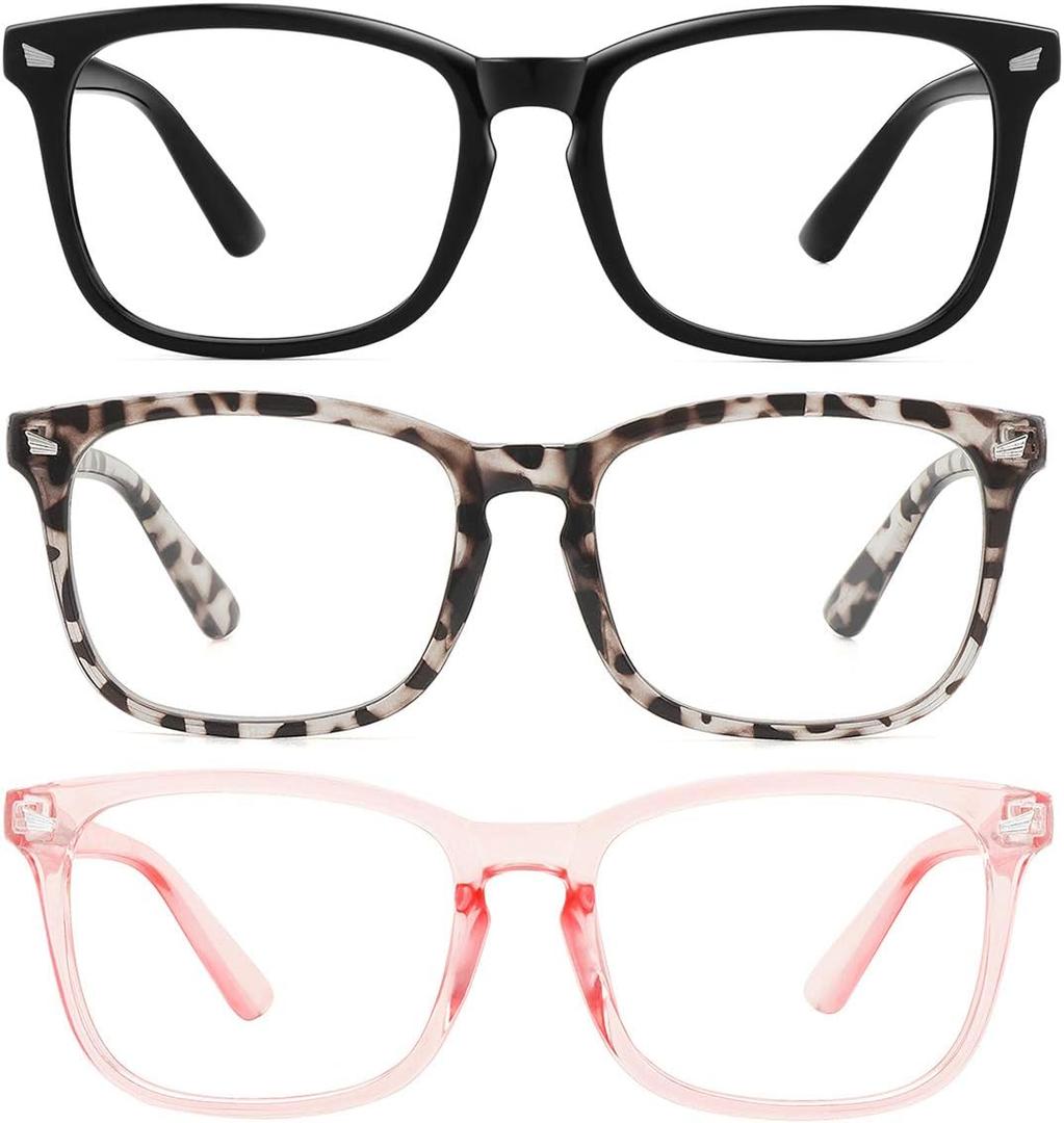 MEETSUN Blue Light Blocking Glasses, Anti Eye Strain Headache (Sleep Better),Computer Reading Glasses UV400 Transparent Lens (Black+Leopard+Pink / 3 PACK, 53)