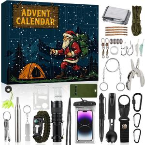 Survival Kit Advent Calendar 2025 Adults Men Teen Boys, 24 Day Christmas Countdown Calendar for Father Son Camping, Fishing Outdoor Adventure Gifts